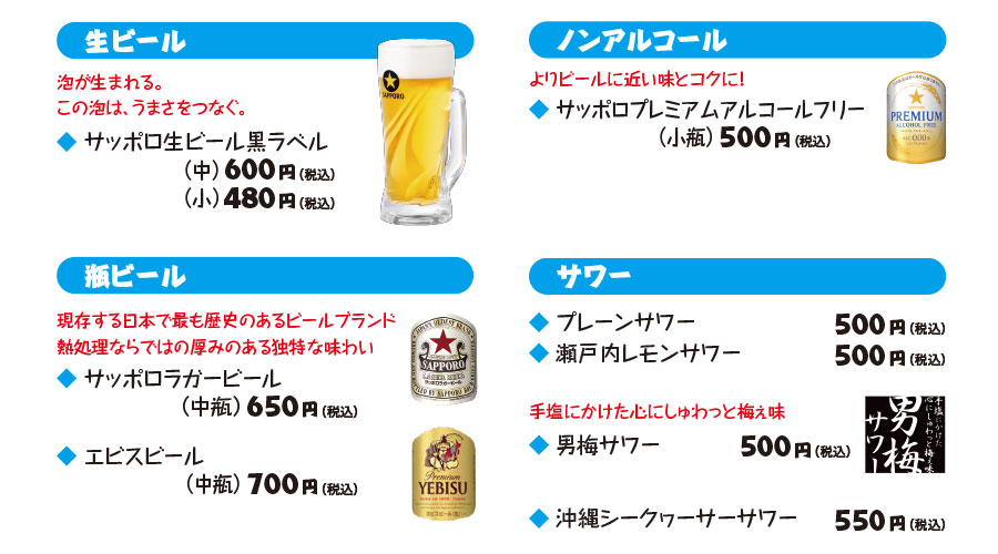 生ビール　瓶ビール　ノンアルコール　サワー